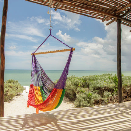 Mayan Legacy Extra Large Outdoor Cotton Mexican Hammock Chair in Rainbow Colour.
