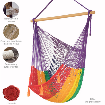 Mayan Legacy Extra Large Outdoor Cotton Mexican Hammock Chair in Rainbow Colour.