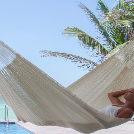Mayan Legacy Queen Size Super Nylon Mexican Hammock in Cream Colour.