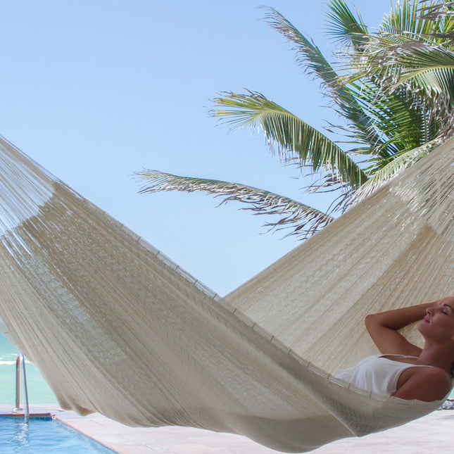 Mayan Legacy Queen Size Super Nylon Mexican Hammock in Cream Colour.