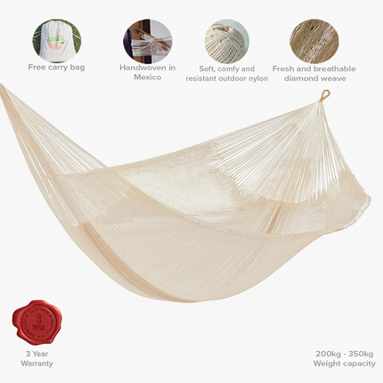 Mayan Legacy Queen Size Super Nylon Mexican Hammock in Cream Colour.