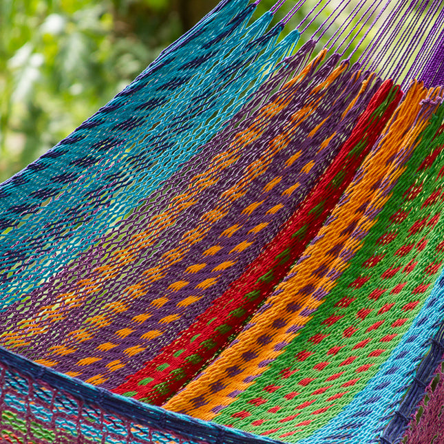 Outdoor undercover cotton Mayan Legacy hammock with hand crocheted tassels King Size Colorina.