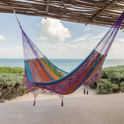 Outdoor undercover cotton Mayan Legacy hammock with hand crocheted tassels King Size Colorina.