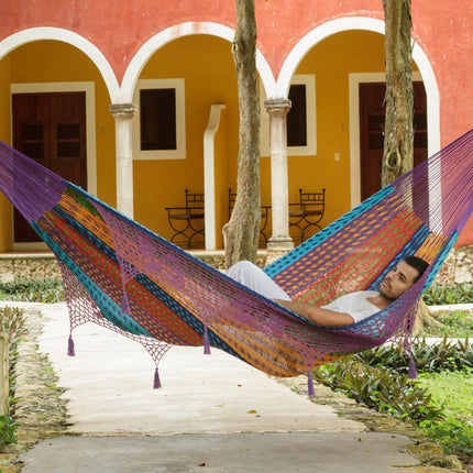 Outdoor undercover cotton Mayan Legacy hammock with hand crocheted tassels King Size Colorina.