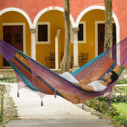 Outdoor undercover cotton Mayan Legacy hammock with hand crocheted tassels King Size Colorina.