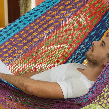 Outdoor undercover cotton Mayan Legacy hammock with hand crocheted tassels King Size Colorina.