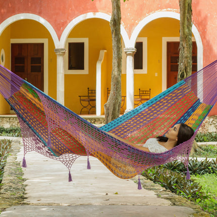 Outdoor undercover cotton Mayan Legacy hammock with hand crocheted tassels King Size Colorina.