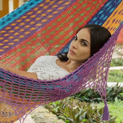 Outdoor undercover cotton Mayan Legacy hammock with hand crocheted tassels King Size Colorina.