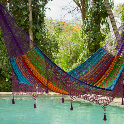 Outdoor undercover cotton Mayan Legacy hammock with hand crocheted tassels King Size Colorina.