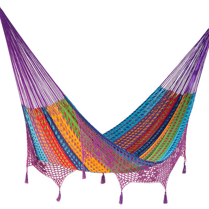 Outdoor undercover cotton Mayan Legacy hammock with hand crocheted tassels King Size Colorina.