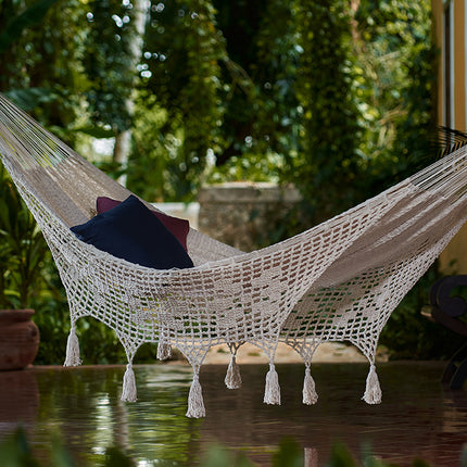 Outdoor undercover cotton Mayan Legacy hammock with hand crocheted tassels King Size Marble.