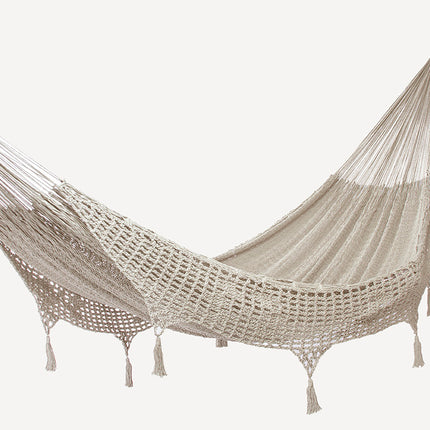 Outdoor undercover cotton Mayan Legacy hammock with hand crocheted tassels King Size Marble.