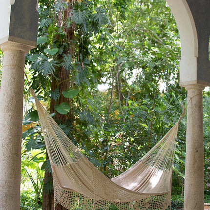 Outdoor undercover cotton Mayan Legacy hammock with hand crocheted tassels King Size Marble.