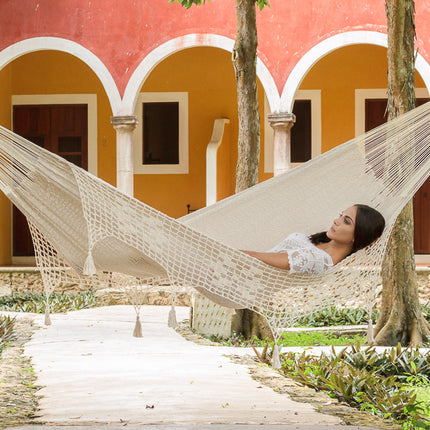 Outdoor undercover cotton Mayan Legacy hammock with hand crocheted tassels King Size Marble.