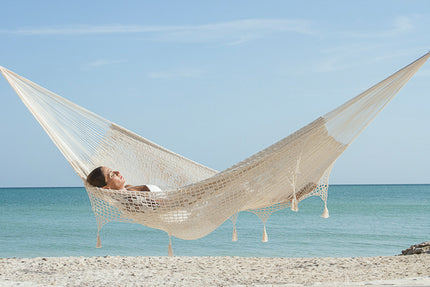 Outdoor undercover cotton Mayan Legacy hammock with hand crocheted tassels King Size Marble.
