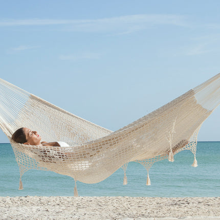 Outdoor undercover cotton Mayan Legacy hammock with hand crocheted tassels King Size Marble.
