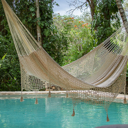 Outdoor undercover cotton Mayan Legacy hammock with hand crocheted tassels King Size Marble.