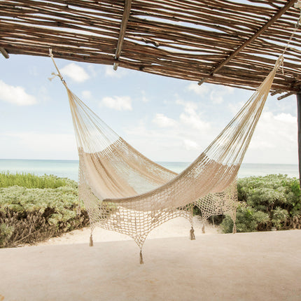 Outdoor undercover cotton Mayan Legacy hammock with hand crocheted tassels King Size Marble.