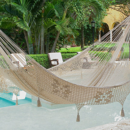 Outdoor undercover cotton Mayan Legacy hammock with hand crocheted tassels King Size Marble.