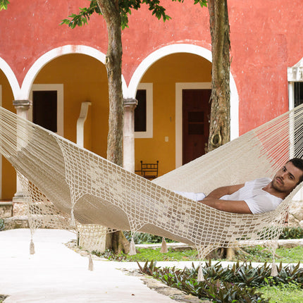 Outdoor undercover cotton Mayan Legacy hammock with hand crocheted tassels King Size Marble.
