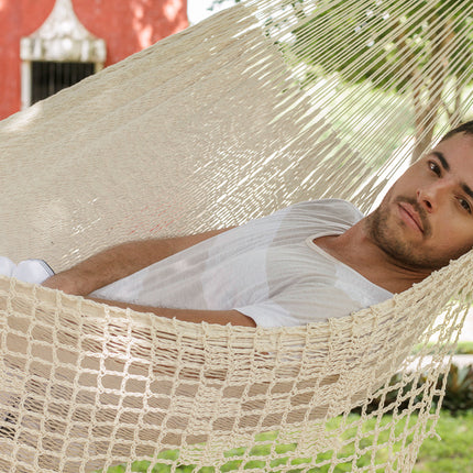Outdoor undercover cotton Mayan Legacy hammock with hand crocheted tassels King Size Marble.