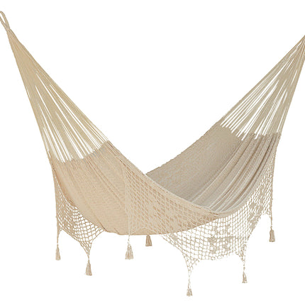 Outdoor undercover cotton Mayan Legacy hammock with hand crocheted tassels King Size Marble.