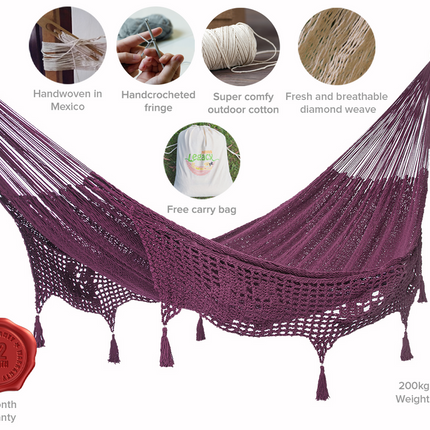 Outdoor undercover cotton Mayan Legacy hammock with hand crocheted tassels King Size Maroon.