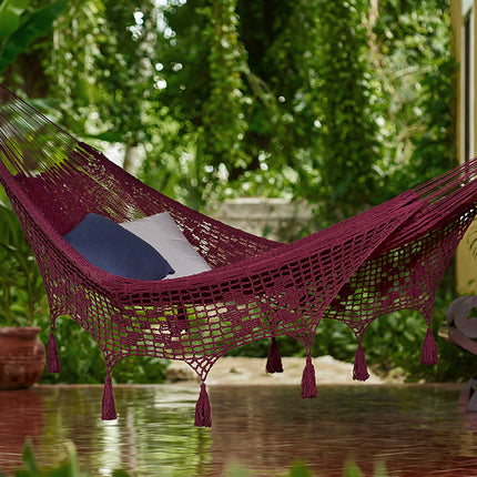 Outdoor undercover cotton Mayan Legacy hammock with hand crocheted tassels King Size Maroon.