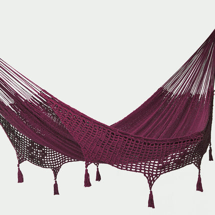Outdoor undercover cotton Mayan Legacy hammock with hand crocheted tassels King Size Maroon.