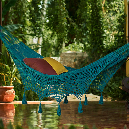 Outdoor undercover cotton Mayan Legacy hammock with hand crocheted tassels Queen Size Bondi.