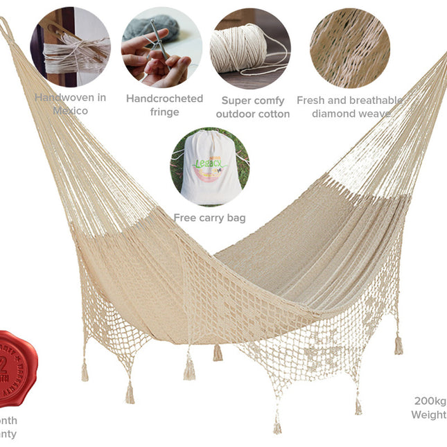 Outdoor undercover cotton Mayan Legacy hammock with hand crocheted tassels Queen Size Marble Colour.
