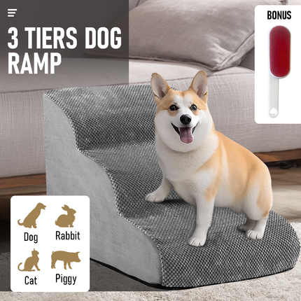 3 Tiers Dog Ramp Non-Slip Pet Steps Cat Stairs Foam Soft Pet Slope Max 40LBS Load for High Beds Sofa Couches With Zippered Washable Corduroy Cover Indoor.