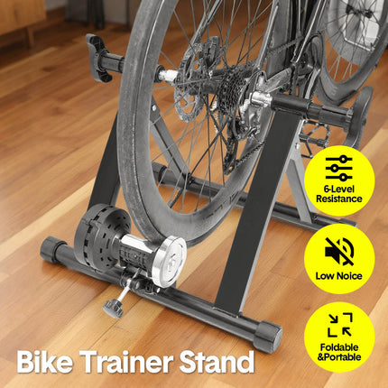 Portable Indoor Exercise Bike Trainer Stand Stationary Bicycle Training Stand Magnetic 6 Level Resistance For Indoor Riding with Noise Reduction Wheel.