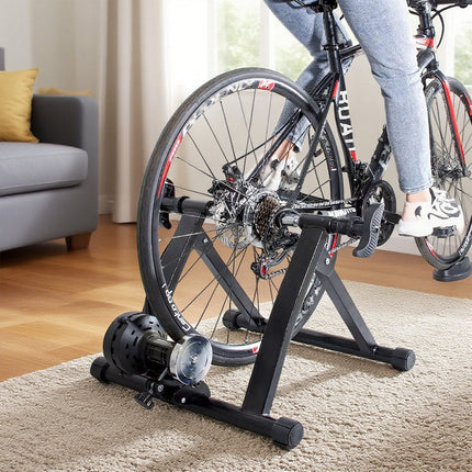 Portable Indoor Exercise Bike Trainer Stand Stationary Bicycle Training Stand Magnetic 6 Level Resistance For Indoor Riding with Noise Reduction Wheel.