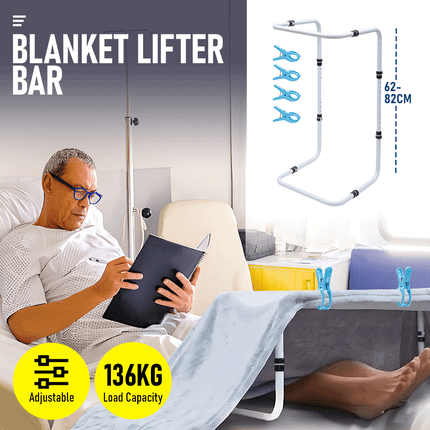 Blanket Lifter Bar 62-82cm Height Adjustable Feet Tent Steel Bed Cradle Max Load 136kg with 4 Clips for Feet Toes Leg Knee Ankle Post Surgery Recovery.