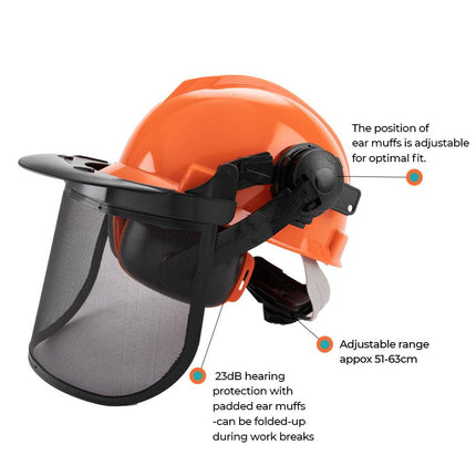 Chainsaw Brushcutter Hard Hat Safety Helmet Face Shield With Visor & Ear Muffs For Landscaping Gardening Lawn Mowing Edge Trimming CE Approved.