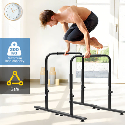 Set of 2 Functional Fitness Dip Stands Station Height Adjustable Dip Bars Portable Parallettes Calisthenics Equipment Safety for Home Gym Strength Training.