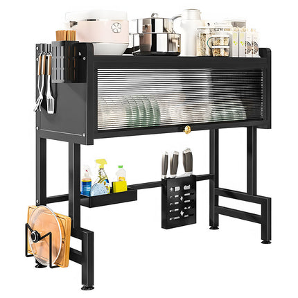 Over The Sink Dish Drying Rack Carbon Steel Dish Drainer Drying Rack 85cm Long Sink Caddy with Door and Multiple Utensils Holders Large Capacity.
