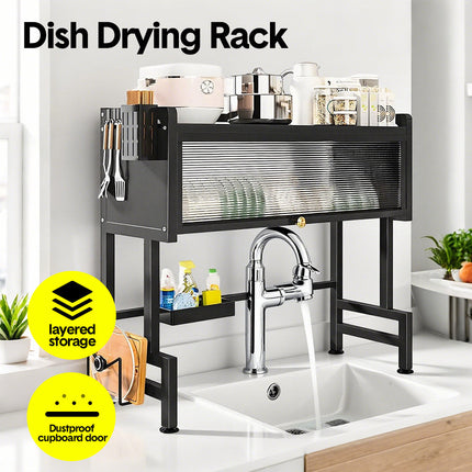 Over The Sink Dish Drying Rack Carbon Steel Dish Drainer Drying Rack 85cm Long Sink Caddy with Door and Multiple Utensils Holders Large Capacity.