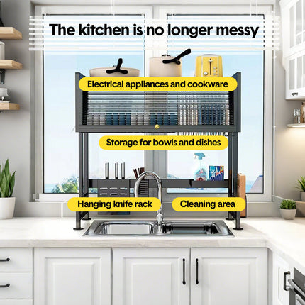 Over The Sink Dish Drying Rack Carbon Steel Dish Drainer Drying Rack 85cm Long Sink Caddy with Door and Multiple Utensils Holders Large Capacity.