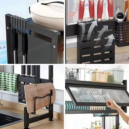 Over The Sink Dish Drying Rack Carbon Steel Dish Drainer Drying Rack 85cm Long Sink Caddy with Door and Multiple Utensils Holders Large Capacity.