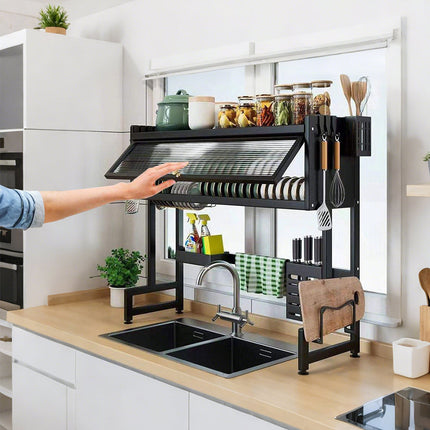 Over The Sink Dish Drying Rack Carbon Steel Dish Drainer Drying Rack 85cm Long Sink Caddy with Door and Multiple Utensils Holders Large Capacity.