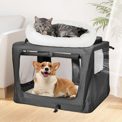 Foldable Dog Carrier Large Pet Travel Bag Portable and Breathable Car Travel Transport Kennel 72x52x52cm Load Up to 27kg with Steel Frame and Pocket Black.