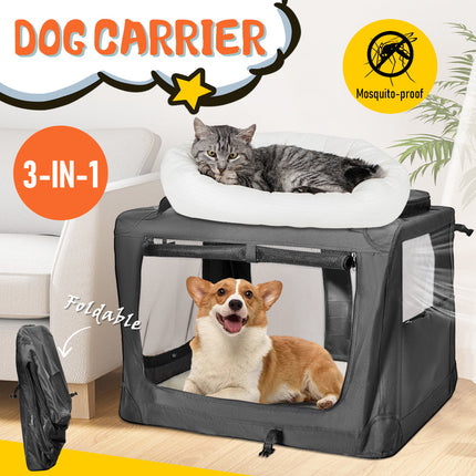 Foldable Dog Carrier Large Pet Travel Bag Portable and Breathable Car Travel Transport Kennel 72x52x52cm Load Up to 27kg with Steel Frame and Pocket Black.