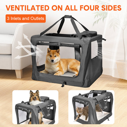 Foldable Dog Carrier Large Pet Travel Bag Portable and Breathable Car Travel Transport Kennel 72x52x52cm Load Up to 27kg with Steel Frame and Pocket Black.