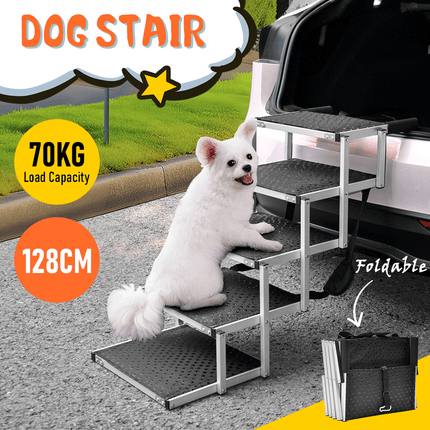 Folding Dog Stair Lightweight Aluminium Dog Ramp Adjustable Height 5 Steps Pet Ladder Loads up to 70Kg with Non-Slip Surface for Cars Trunk SUV Trucks.