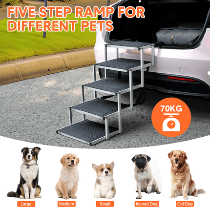 Folding Dog Stair Lightweight Aluminium Dog Ramp Adjustable Height 5 Steps Pet Ladder Loads up to 70Kg with Non-Slip Surface for Cars Trunk SUV Trucks.