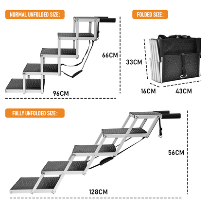 Folding Dog Stair Lightweight Aluminium Dog Ramp Adjustable Height 5 Steps Pet Ladder Loads up to 70Kg with Non-Slip Surface for Cars Trunk SUV Trucks.
