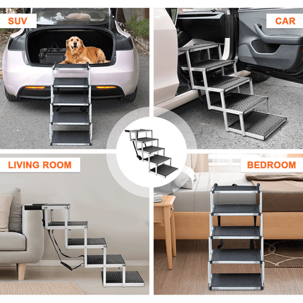 Folding Dog Stair Lightweight Aluminium Dog Ramp Adjustable Height 5 Steps Pet Ladder Loads up to 70Kg with Non-Slip Surface for Cars Trunk SUV Trucks.