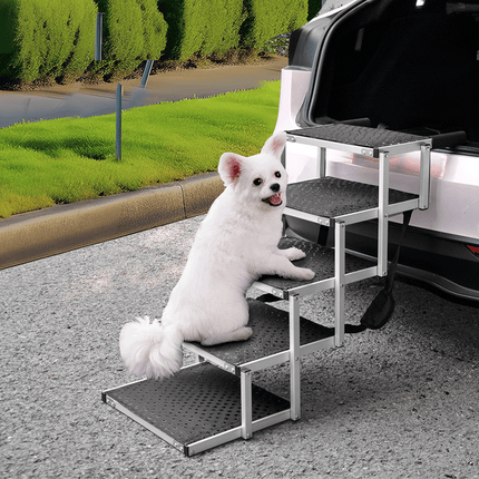 Folding Dog Stair Lightweight Aluminium Dog Ramp Adjustable Height 5 Steps Pet Ladder Loads up to 70Kg with Non-Slip Surface for Cars Trunk SUV Trucks.